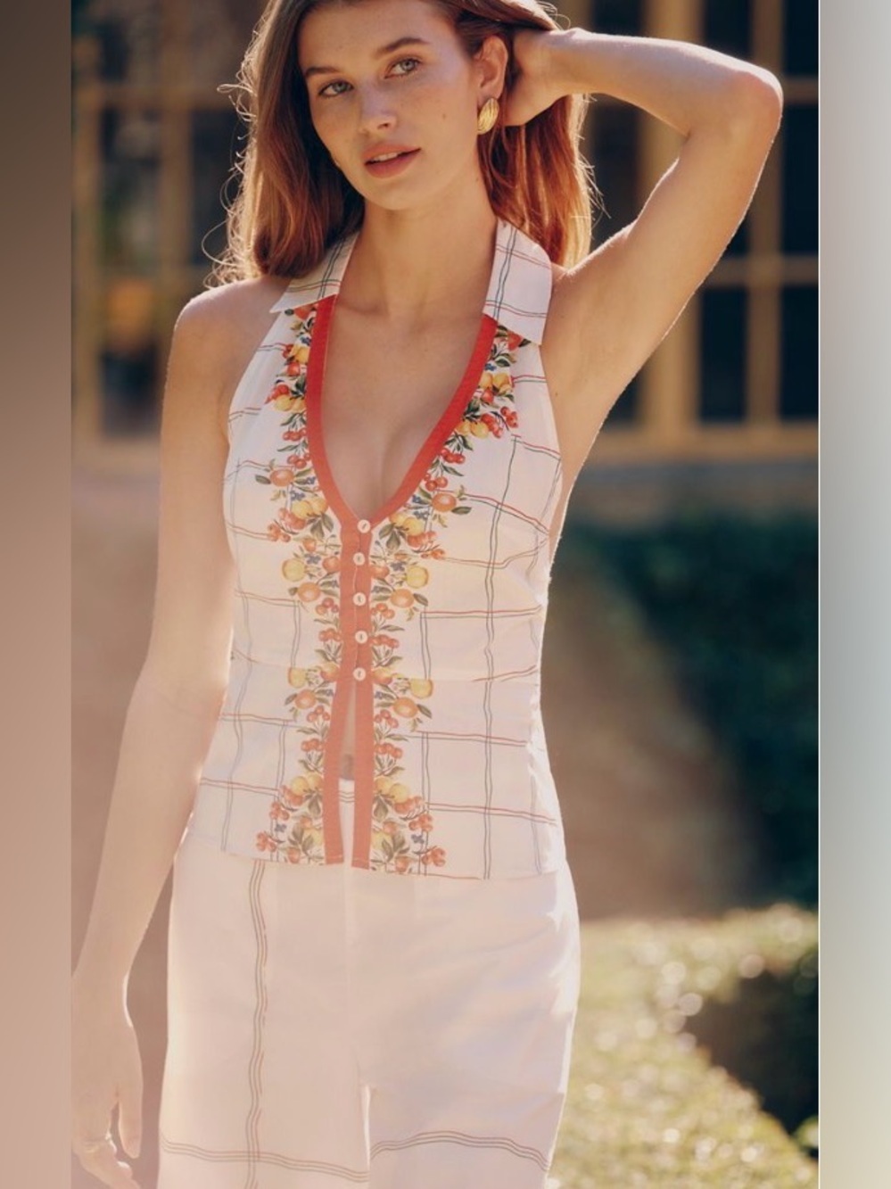 Anthropologie Floral Halter Button-Front Top in White & Coral Red: Size XL